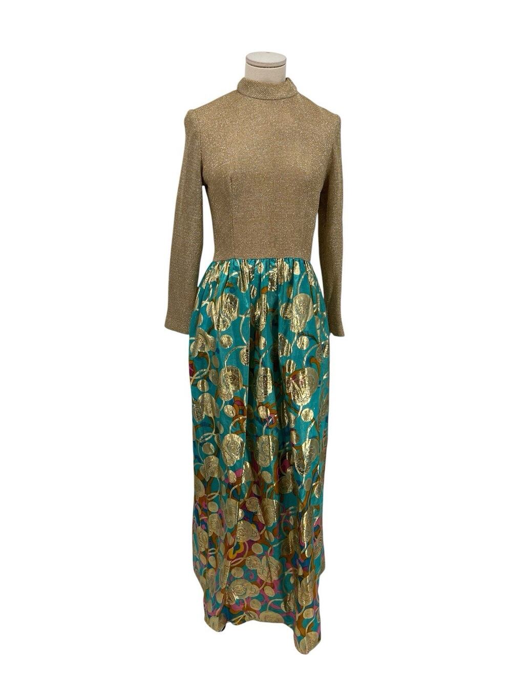 Vintage 1970’s Maxi Dress Metallic Lamé Gold Size Small